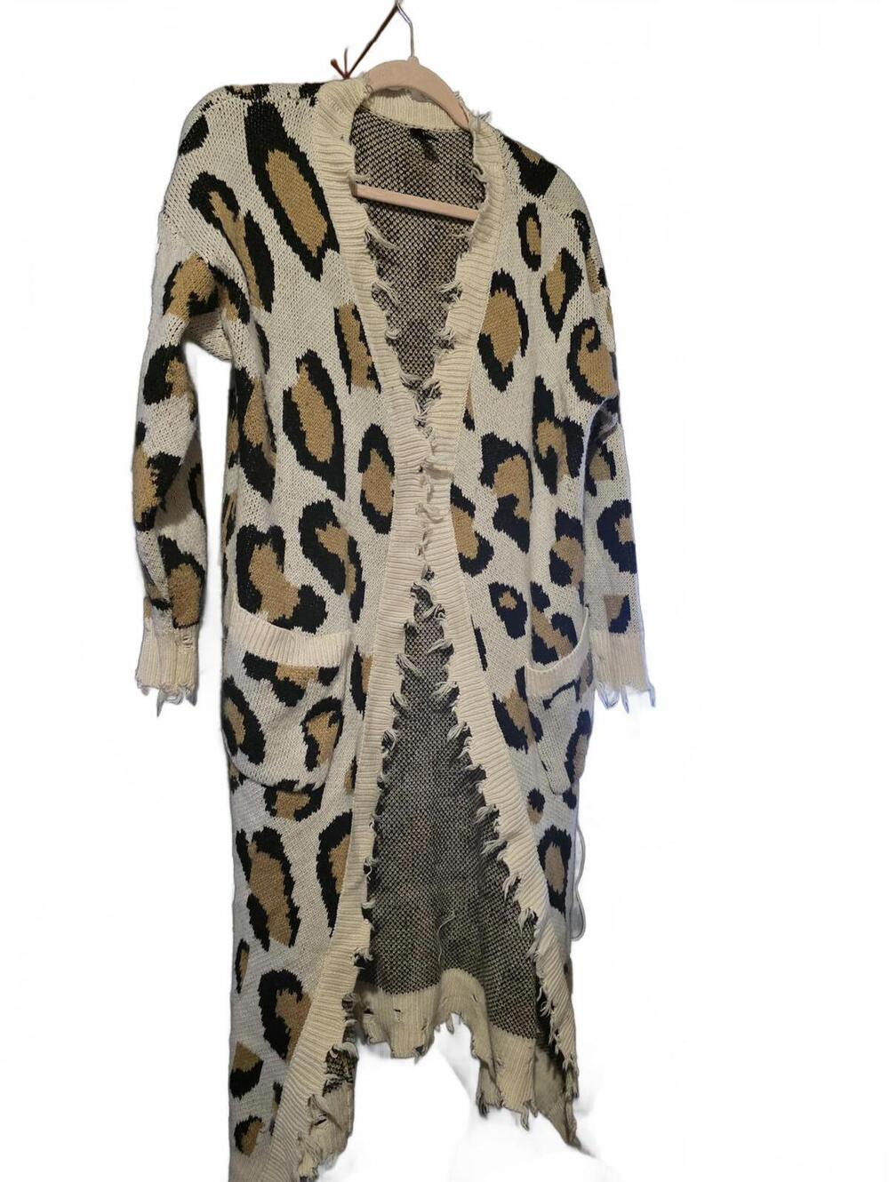 Vtg Windsor Long Leopard Print Distressed Cardigan Sweater Size XL Cover Up